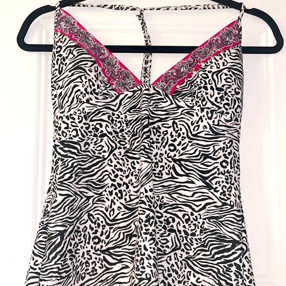 Candie’s Swim Zebra Halter Tankini Top XL Black/White Pink Accents Beach Coastal